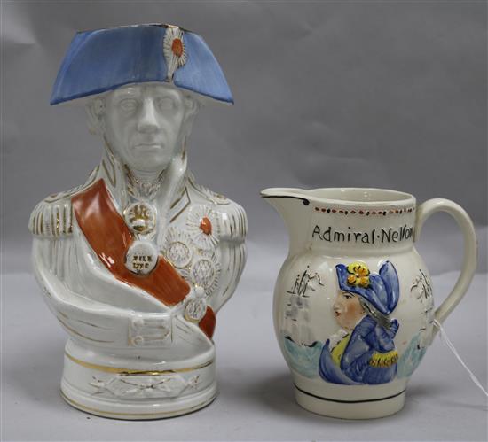 A Staffordshire Nelson jug, 19th century and another